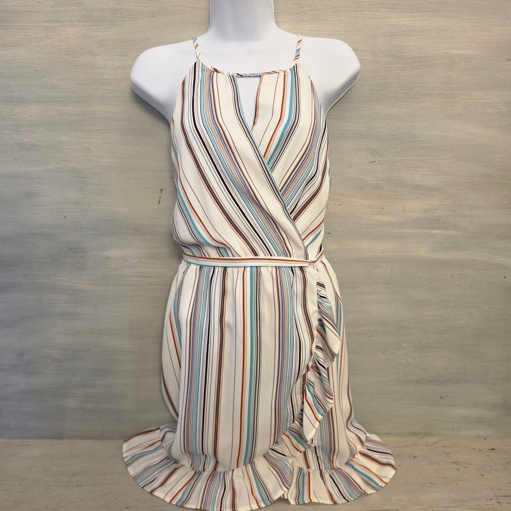 Harper Heritage Multicolor Stripe Faux Wrap‎ Ruffle Hem Mini Dress Size Small GC